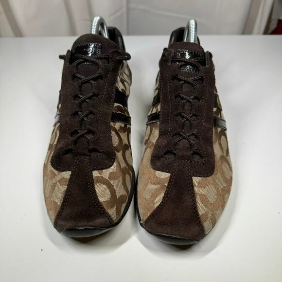 Coach Kathleen Sneakers 10M Brown Signature C Canvas Suede Logo Stripe - Picture 2 of 11